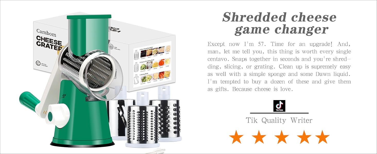 Cambom Rotary Cheese Grater Hand Crank Cheese Shredder for Fresh Cheese, Vegetable, Nuts,Non-slip Suction Base, Free Cleaning Brush Three Blades, Black