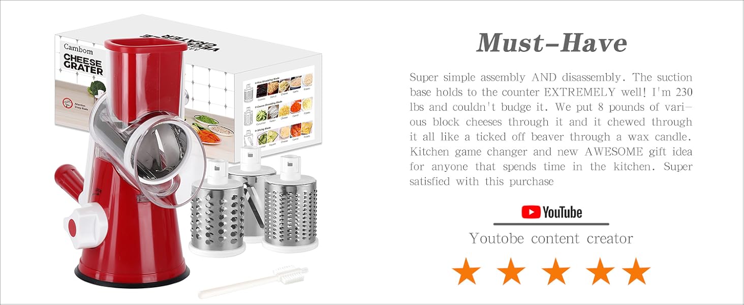 Cambom Rotary Cheese Grater Hand Crank Cheese Shredder for Fresh Cheese, Vegetable, Nuts,Non-slip Suction Base, Free Cleaning Brush Three Blades, Black