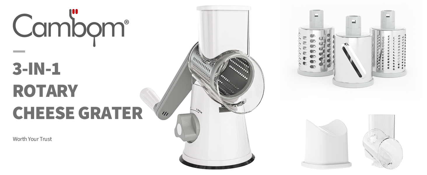 Cambom Rotary Cheese Grater Hand Crank Cheese Shredder for Fresh Cheese, Vegetable, Nuts,Non-slip Suction Base, Free Cleaning Brush Three Blades, Black