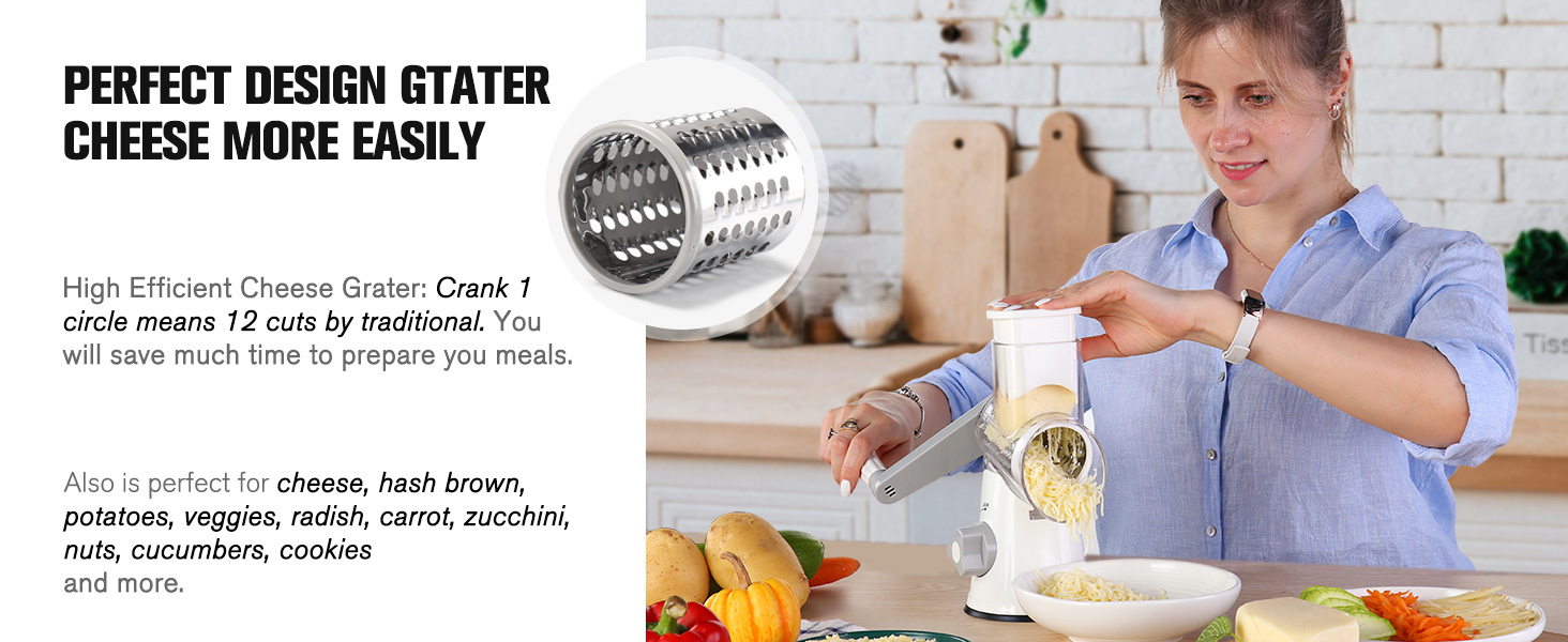 Cambom Rotary Cheese Grater Hand Crank Cheese Shredder for Fresh Cheese, Vegetable, Nuts,Non-slip Suction Base, Free Cleaning Brush Three Blades, Black