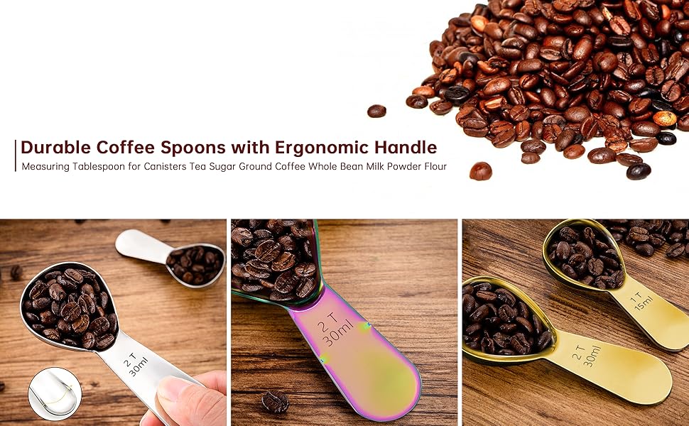 2 Pieces Stainless Steel Coffee Scoops Set(1 Tbsp,2 Tbsp)Durable Coffee Spoons with Ergonomic Handle Measuring Tablespoon for Canisters Tea Sugar Ground Coffee Whole Bean Milk Powder Flour (Colourful)