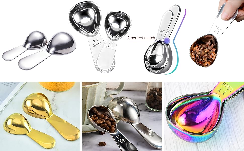 2 Pieces Stainless Steel Coffee Scoops Set(1 Tbsp,2 Tbsp)Durable Coffee Spoons with Ergonomic Handle Measuring Tablespoon for Canisters Tea Sugar Ground Coffee Whole Bean Milk Powder Flour (Colourful)