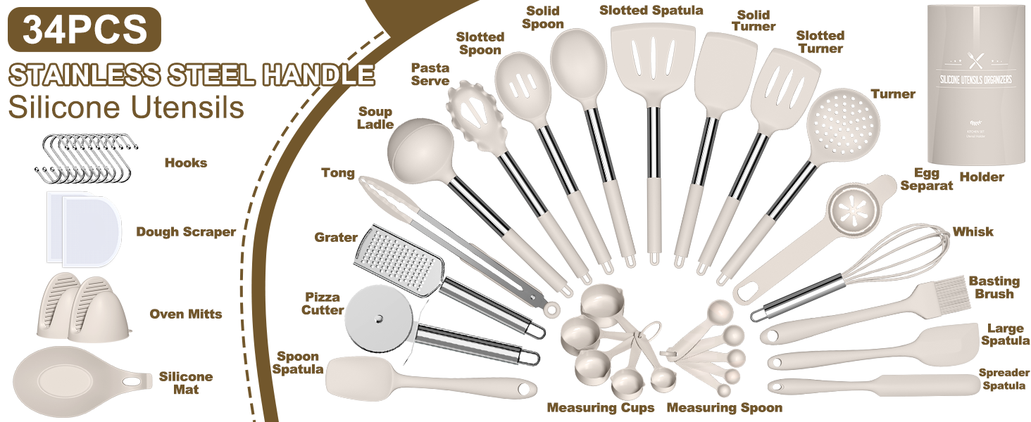 Umite Chef Silicone Kitchen Cooking Utensil Set, 43 pcs Spatula Set with Stainless Steel Handle, Non-stick Heat Resistant - Best Cookware Set-(Khaki)