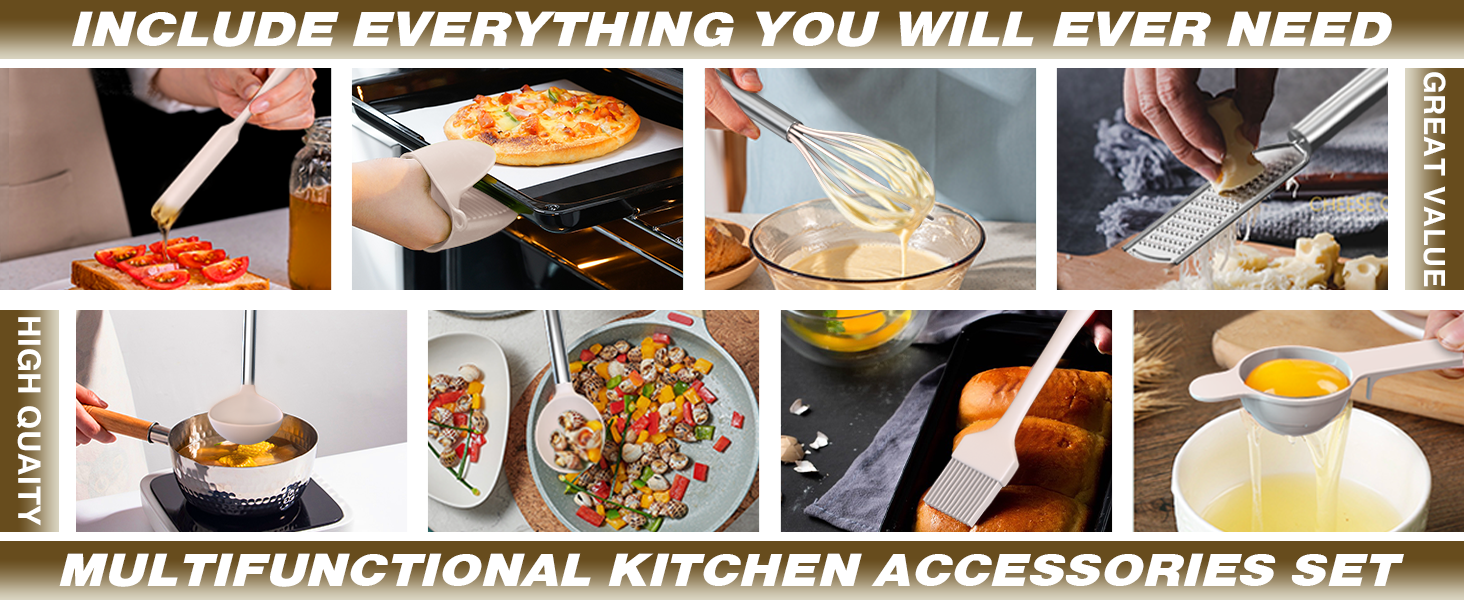 Umite Chef Silicone Kitchen Cooking Utensil Set, 43 pcs Spatula Set with Stainless Steel Handle, Non-stick Heat Resistant - Best Cookware Set-(Khaki)