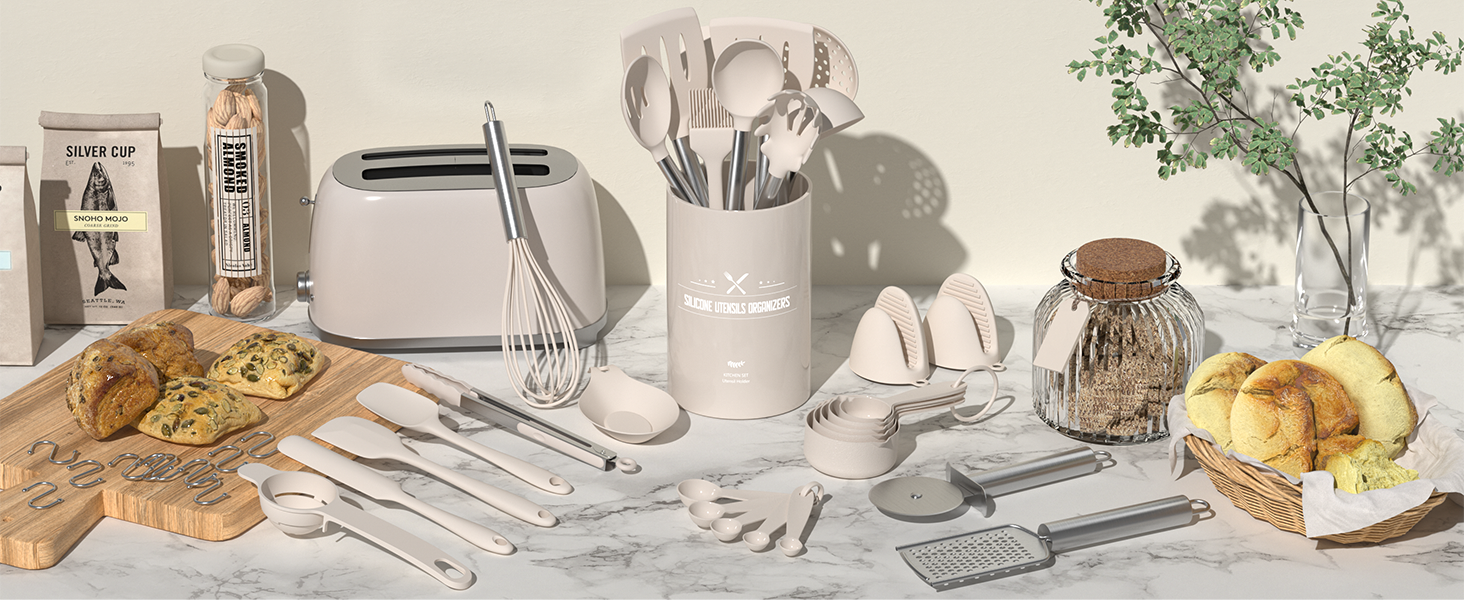 Umite Chef Silicone Kitchen Cooking Utensil Set, 43 pcs Spatula Set with Stainless Steel Handle, Non-stick Heat Resistant - Best Cookware Set-(Khaki)