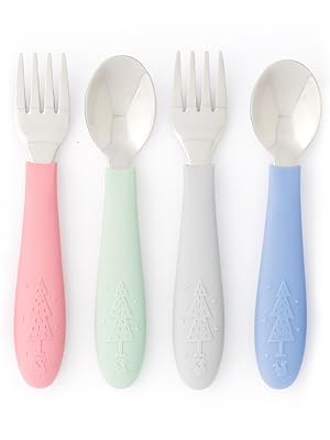 Elk and Friends Kids Silverware with Silicone Handle | Childrens Safe Flatware | Toddler Utensils | Baby Spoons + Forks | Stainless Steel Cutlery | Dishwasher Safe | 6 Pieces