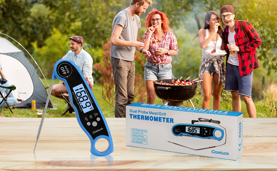 Digital Meat Thermometer for Cooking - Comluck CA002 Instant Read Meat Thermometer for Grilling and Smoking 2-in-1 Dual Probe Oven Safe Food Thermometer with Alarm for Grill BBQ Steak Turkey