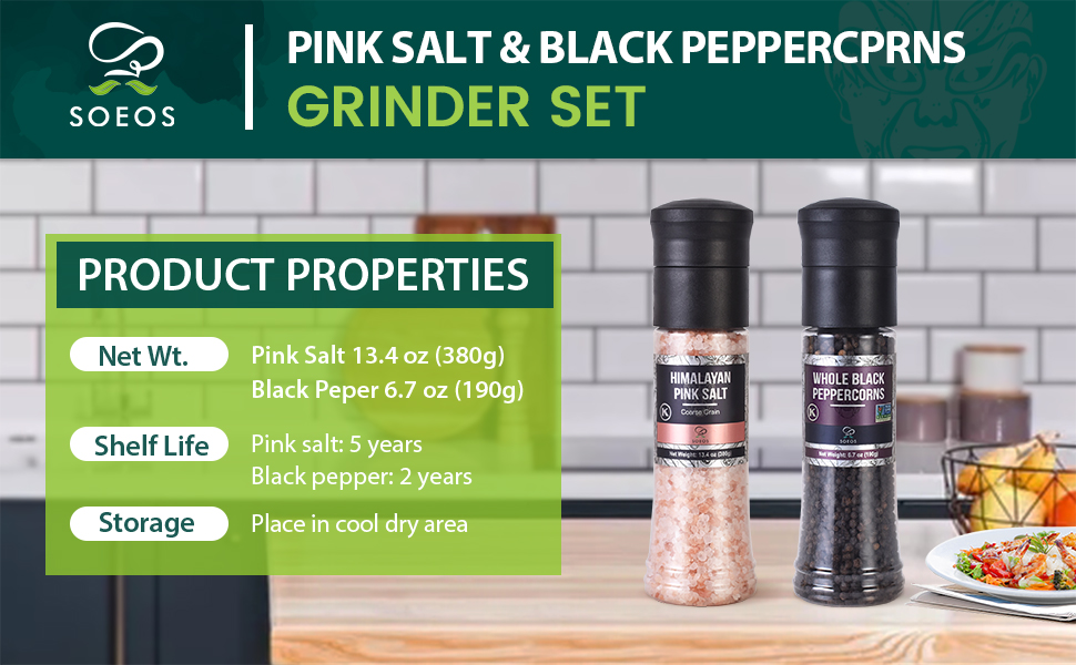 Soeos Whole Black Peppercorns, 6.7oz (190g) and Himalayan Pink Salt, 13.4oz (380g), Plastic Bottle Grinder with Spice Grinder with Salt and Pepper Shaker, Salt and Pepper Set.