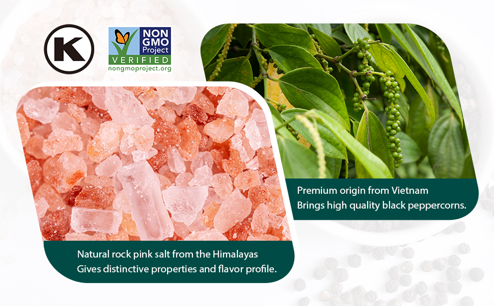 Soeos Whole Black Peppercorns, 6.7oz (190g) and Himalayan Pink Salt, 13.4oz (380g), Plastic Bottle Grinder with Spice Grinder with Salt and Pepper Shaker, Salt and Pepper Set.