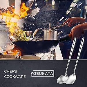 YOSUKATA 17’’ Wok Spatula and Ladle - Set of 2 Heat-Resistant Wok Tools - Universal Wok Ladle and Spatula - High-Grade 304 Stainless Steel Cooking Utensils and Wok Accessories - Solid Wok Utensils