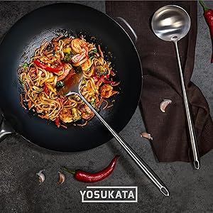 YOSUKATA 17’’ Wok Spatula and Ladle - Set of 2 Heat-Resistant Wok Tools - Universal Wok Ladle and Spatula - High-Grade 304 Stainless Steel Cooking Utensils and Wok Accessories - Solid Wok Utensils