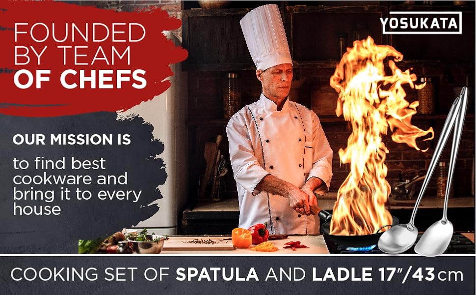 YOSUKATA 17’’ Wok Spatula and Ladle - Set of 2 Heat-Resistant Wok Tools - Universal Wok Ladle and Spatula - High-Grade 304 Stainless Steel Cooking Utensils and Wok Accessories - Solid Wok Utensils