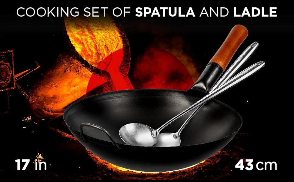 YOSUKATA 17’’ Wok Spatula and Ladle - Set of 2 Heat-Resistant Wok Tools - Universal Wok Ladle and Spatula - High-Grade 304 Stainless Steel Cooking Utensils and Wok Accessories - Solid Wok Utensils