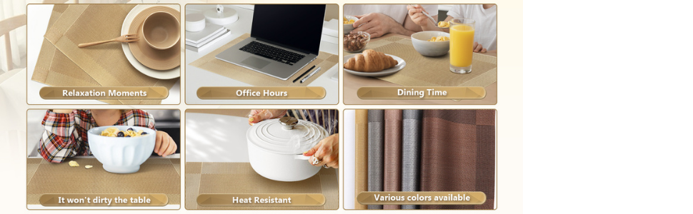Heat-Resistant Placemats for Dining Table, Washable PVC Woven Vinyl Table Mats, Non-Slip Gold Placemats for Kitchen Decor, Table Protector Set of 6