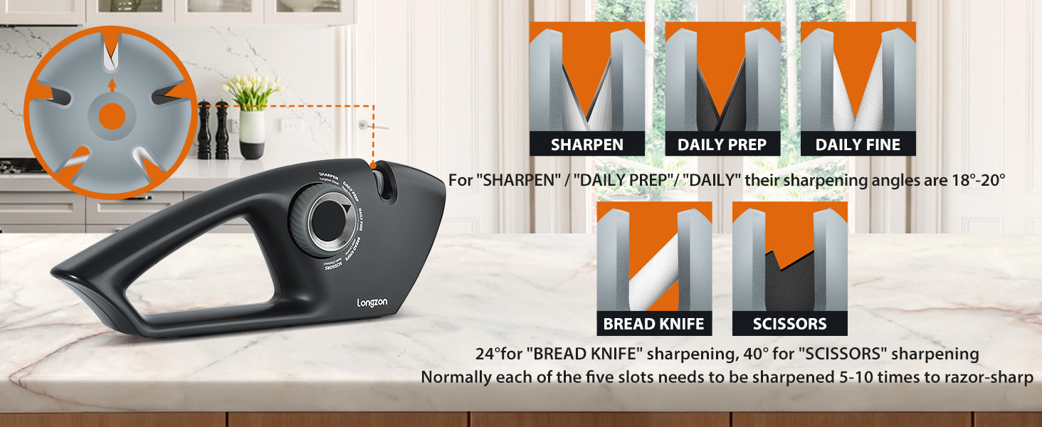 Longzon 6-in-1 Knife Sharpener 5 Stage for Serrated Knives, Scissors with Cut-Resistant Glove,Original Premium Polish Blades,Best Kitchen Knife Sharpener Repair & Restore Pocket Knife, Chefs knife