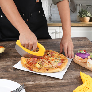 Premium Pizza Cutter Food Chopper-Super Sharp Blade Stainless Steel Pizza Cutter Rocker Slicer with Protective Sheath Multi Function Pizza Knife Kitchen Tools,Dishwasher Safe (Yellow)