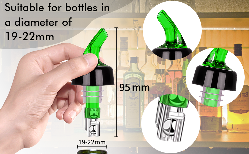 SuproBarware Liquor Bottle Pourers 1oz Set of 12 Measured Bottle Spirits Alcohol Pourers Automatic Measuring Wine Spouts Drink Liquor Measure Pourer for Cocktail Home Bar (4 Clear 4 Green 4 Blue)