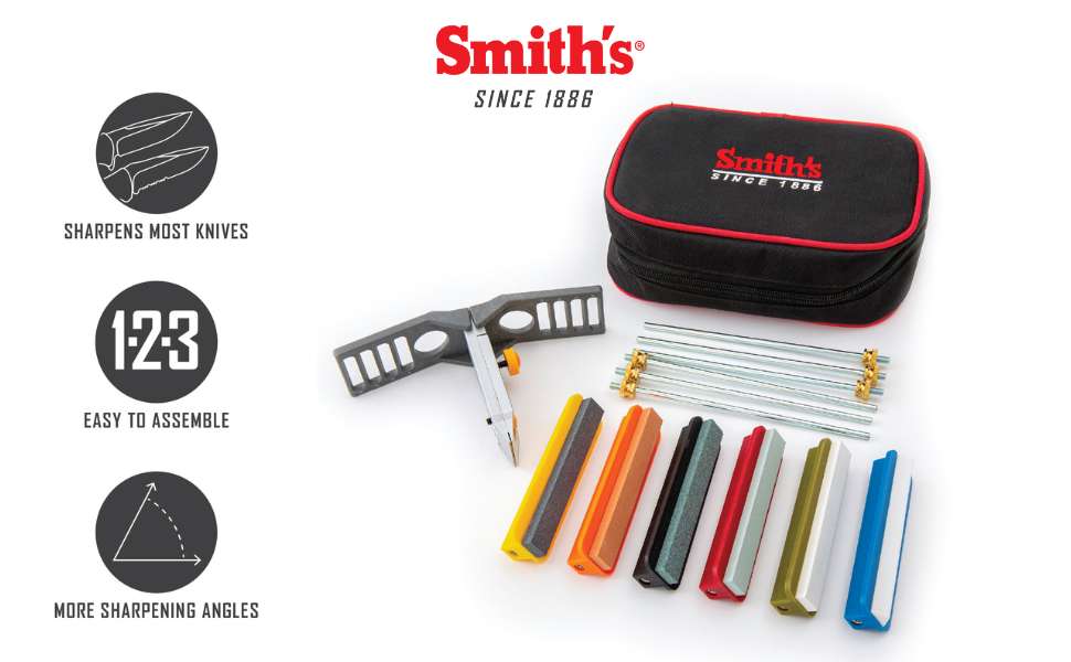 Smith’s 51321 Precision Sharpening Kit – 6 Sharpening Stones – Straight + Serrated Knives – Sharpen Hooks, Kitchen, Hunting, Fishing + Pocket Knives – Angle Guide – Portable Kit w/Storage Pouch