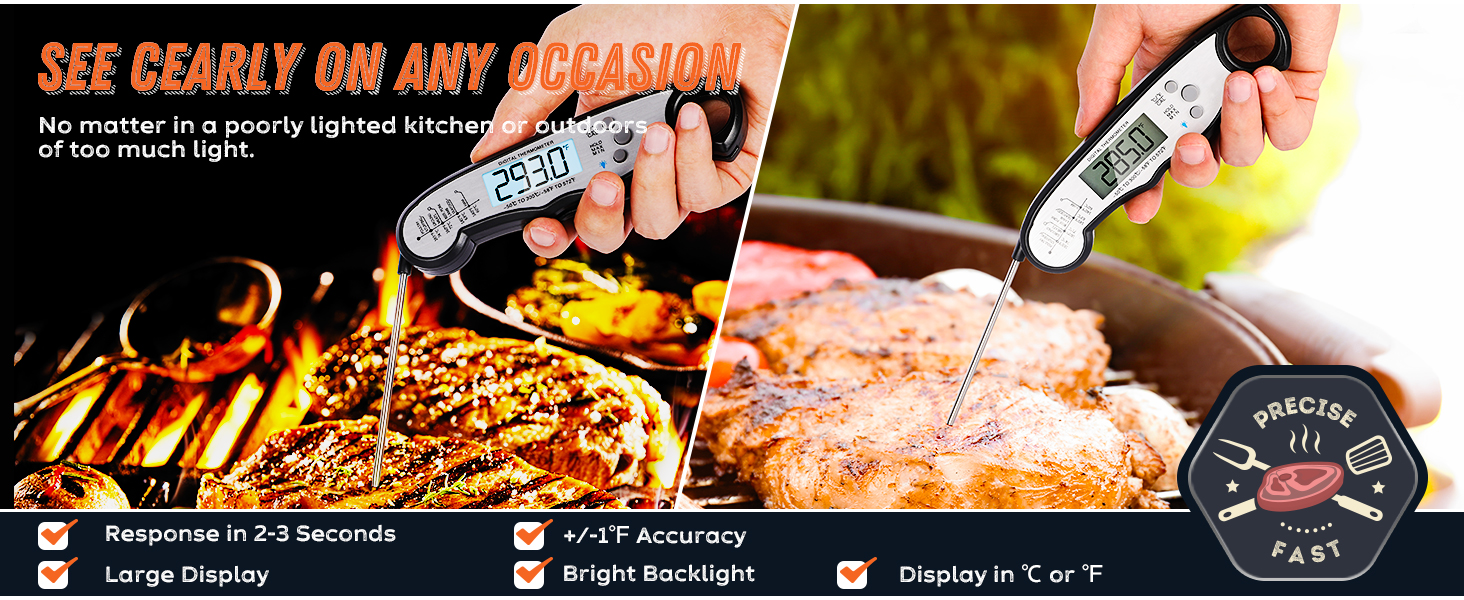 Digital Meat Thermometer, Waterproof Instant Read Food Thermometer for Cooking and Grilling, Kitchen Gadgets, Accessories with Backlight & Calibration for Candy, BBQ Grill, Liquids, Beef, Turkey…