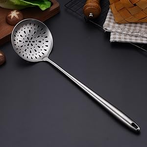 304 Stainless Steel Kitchen Utensils Set - 17” All Metal Cooking Tools, 6-Pcs Extra Long Handle Utensils with Spatula, Soup Ladle, Skimmer Spoon, Slotted Spatula Turner, Spaghetti Server, Solid Spoon