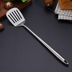 304 Stainless Steel Kitchen Utensils Set - 17” All Metal Cooking Tools, 6-Pcs Extra Long Handle Utensils with Spatula, Soup Ladle, Skimmer Spoon, Slotted Spatula Turner, Spaghetti Server, Solid Spoon