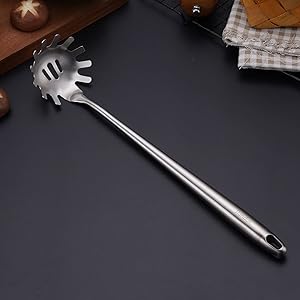 304 Stainless Steel Kitchen Utensils Set - 17” All Metal Cooking Tools, 6-Pcs Extra Long Handle Utensils with Spatula, Soup Ladle, Skimmer Spoon, Slotted Spatula Turner, Spaghetti Server, Solid Spoon