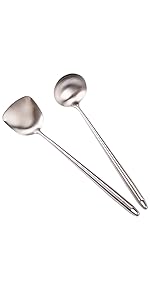 304 Stainless Steel Kitchen Utensils Set - 17” All Metal Cooking Tools, 6-Pcs Extra Long Handle Utensils with Spatula, Soup Ladle, Skimmer Spoon, Slotted Spatula Turner, Spaghetti Server, Solid Spoon