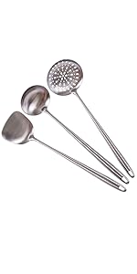 304 Stainless Steel Kitchen Utensils Set - 17” All Metal Cooking Tools, 6-Pcs Extra Long Handle Utensils with Spatula, Soup Ladle, Skimmer Spoon, Slotted Spatula Turner, Spaghetti Server, Solid Spoon