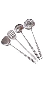 304 Stainless Steel Kitchen Utensils Set - 17” All Metal Cooking Tools, 6-Pcs Extra Long Handle Utensils with Spatula, Soup Ladle, Skimmer Spoon, Slotted Spatula Turner, Spaghetti Server, Solid Spoon