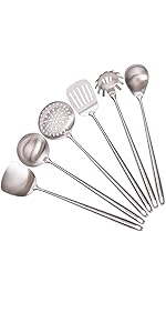 304 Stainless Steel Kitchen Utensils Set - 17” All Metal Cooking Tools, 6-Pcs Extra Long Handle Utensils with Spatula, Soup Ladle, Skimmer Spoon, Slotted Spatula Turner, Spaghetti Server, Solid Spoon