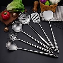 304 Stainless Steel Kitchen Utensils Set - 17” All Metal Cooking Tools, 6-Pcs Extra Long Handle Utensils with Spatula, Soup Ladle, Skimmer Spoon, Slotted Spatula Turner, Spaghetti Server, Solid Spoon