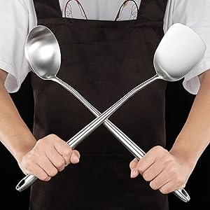 304 Stainless Steel Kitchen Utensils Set - 17” All Metal Cooking Tools, 6-Pcs Extra Long Handle Utensils with Spatula, Soup Ladle, Skimmer Spoon, Slotted Spatula Turner, Spaghetti Server, Solid Spoon