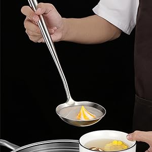 304 Stainless Steel Kitchen Utensils Set - 17” All Metal Cooking Tools, 6-Pcs Extra Long Handle Utensils with Spatula, Soup Ladle, Skimmer Spoon, Slotted Spatula Turner, Spaghetti Server, Solid Spoon