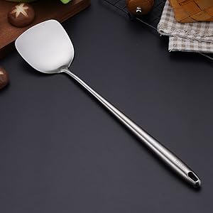304 Stainless Steel Kitchen Utensils Set - 17” All Metal Cooking Tools, 6-Pcs Extra Long Handle Utensils with Spatula, Soup Ladle, Skimmer Spoon, Slotted Spatula Turner, Spaghetti Server, Solid Spoon