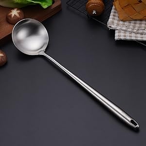304 Stainless Steel Kitchen Utensils Set - 17” All Metal Cooking Tools, 6-Pcs Extra Long Handle Utensils with Spatula, Soup Ladle, Skimmer Spoon, Slotted Spatula Turner, Spaghetti Server, Solid Spoon