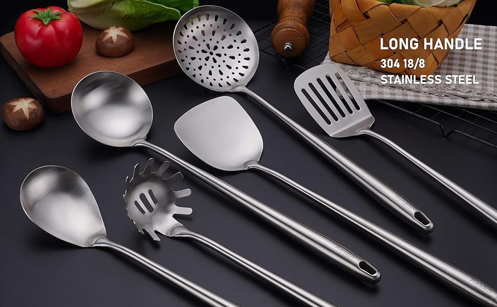 304 Stainless Steel Kitchen Utensils Set - 17” All Metal Cooking Tools, 6-Pcs Extra Long Handle Utensils with Spatula, Soup Ladle, Skimmer Spoon, Slotted Spatula Turner, Spaghetti Server, Solid Spoon