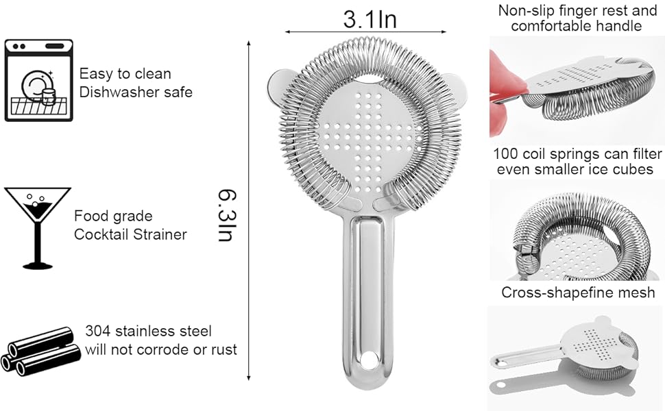 WUWEOT 6 Pack Cocktail Strainer, Stainless Steel Bar Strainer, Bar Tool Drink Strainer with 100 Wire Spring for Professional Bartenders and Mixologists