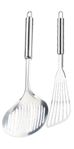 Multi Kitchen Utensil Stainless Steel Cooking Skimmer Slotted Fish Turner Spatula Spoon Colander Drain Water Filter Spoon Ladle Spider Strainer Skimmer Ladle for Cooking &Frying (2pcs)