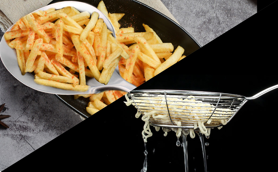 Multi Kitchen Utensil Stainless Steel Cooking Skimmer Slotted Fish Turner Spatula Spoon Colander Drain Water Filter Spoon Ladle Spider Strainer Skimmer Ladle for Cooking &Frying (2pcs)