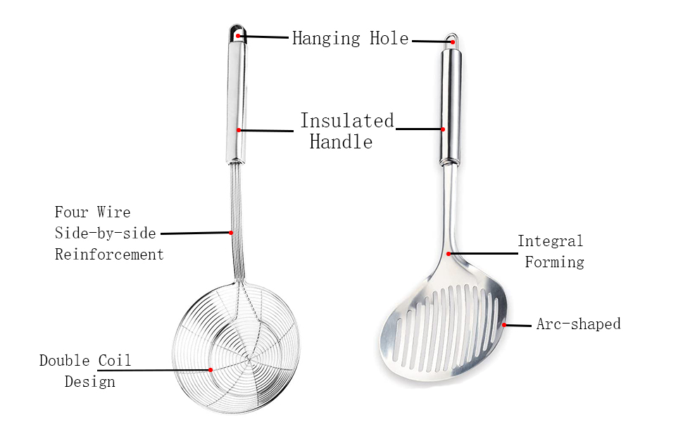 Multi Kitchen Utensil Stainless Steel Cooking Skimmer Slotted Fish Turner Spatula Spoon Colander Drain Water Filter Spoon Ladle Spider Strainer Skimmer Ladle for Cooking &Frying (2pcs)