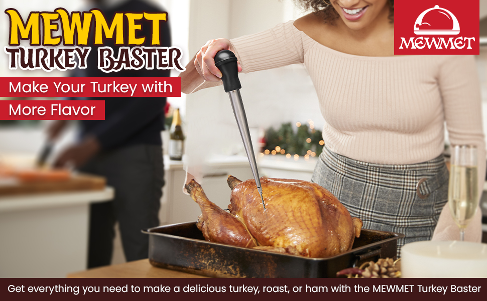 Turkey Baster, Stainless Steel Baster for Cooking with Marinade Injectors Syringe, Basting Brush, Thick Cleaning Brush & Thin Cleaning Brush