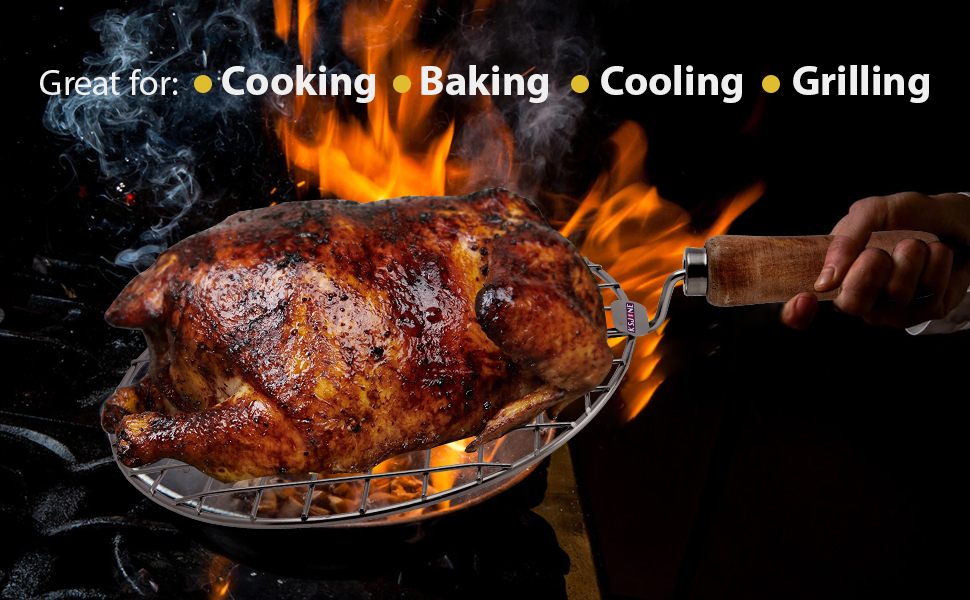 Stainless Steel Multi-Functional Wire Steaming Cooling and Baking Barbecue Rack Round Wire Roaster Rack/Papad Jali/Roti Grill Round Shape with Wooden Handle