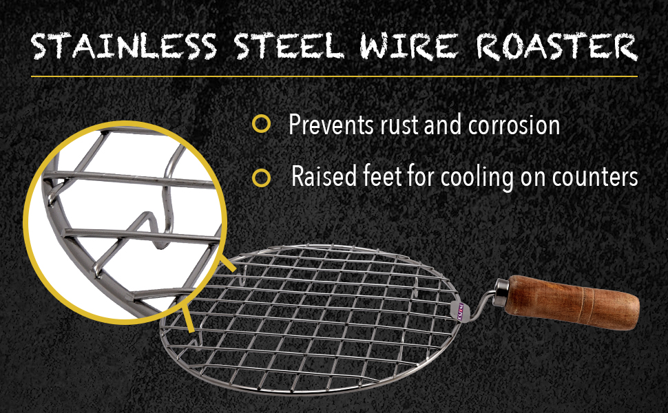 Stainless Steel Multi-Functional Wire Steaming Cooling and Baking Barbecue Rack Round Wire Roaster Rack/Papad Jali/Roti Grill Round Shape with Wooden Handle