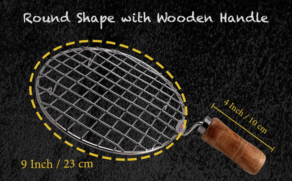 Stainless Steel Multi-Functional Wire Steaming Cooling and Baking Barbecue Rack Round Wire Roaster Rack/Papad Jali/Roti Grill Round Shape with Wooden Handle