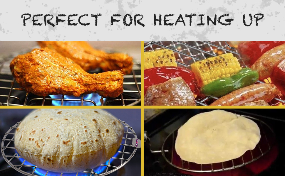 Stainless Steel Multi-Functional Wire Steaming Cooling and Baking Barbecue Rack Round Wire Roaster Rack/Papad Jali/Roti Grill Round Shape with Wooden Handle