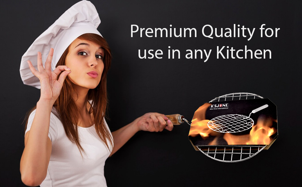 Stainless Steel Multi-Functional Wire Steaming Cooling and Baking Barbecue Rack Round Wire Roaster Rack/Papad Jali/Roti Grill Round Shape with Wooden Handle