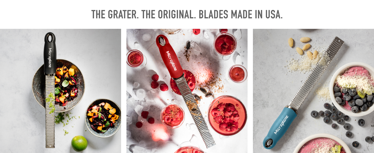 Microplane Premium Zester Grater in Denim Blue | Lemon Zester tool, Hard Cheese & Vegetable Grater | For Citrus, Parmesan Cheese, Garlic, Ginger, Nutmeg | Fine Stainless Steel Blade, Made in USA