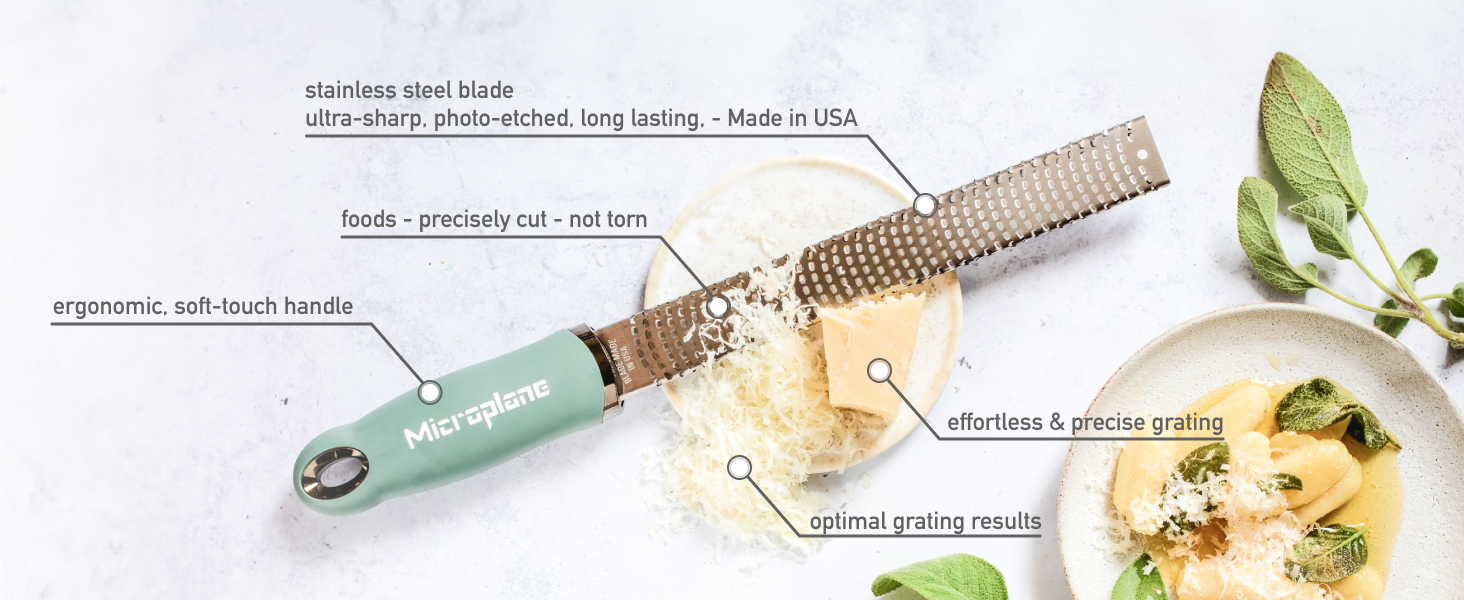 Premium Classic Zester- Sage Green | Lemon Zester tool, Hard Cheese & Vegetable Grater | For Citrus, Parmesan Cheese, Garlic, Ginger, Nutmeg | Fine Stainless Steel Blade, Made in USA