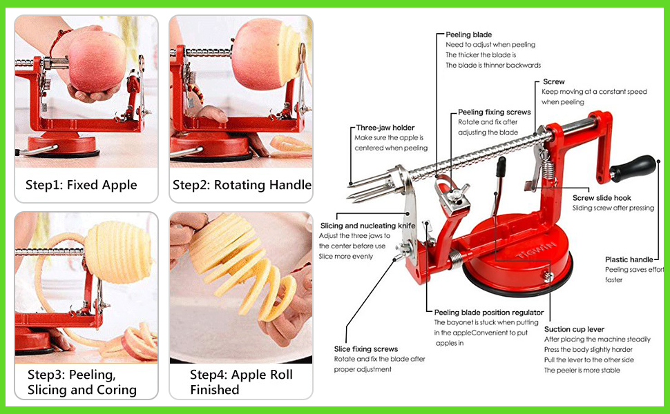 Apple Peeler Corer, Long lasting Chrome Cast Magnesium Alloy Apple Peeler Slicer Corer with Stainless Steel Blades and Powerful Suction Base for Apples and Potato(Red)