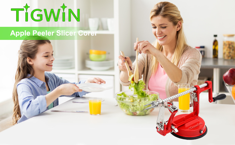 Apple Peeler Corer, Long lasting Chrome Cast Magnesium Alloy Apple Peeler Slicer Corer with Stainless Steel Blades and Powerful Suction Base for Apples and Potato(Red)